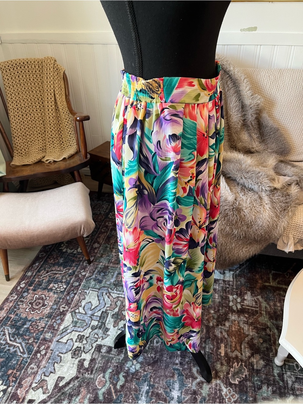Fairset Vintage Floral Summer Multicolor Maxi Skirt Size S/M Stretchy Waist 26” - Picture 3 of 9